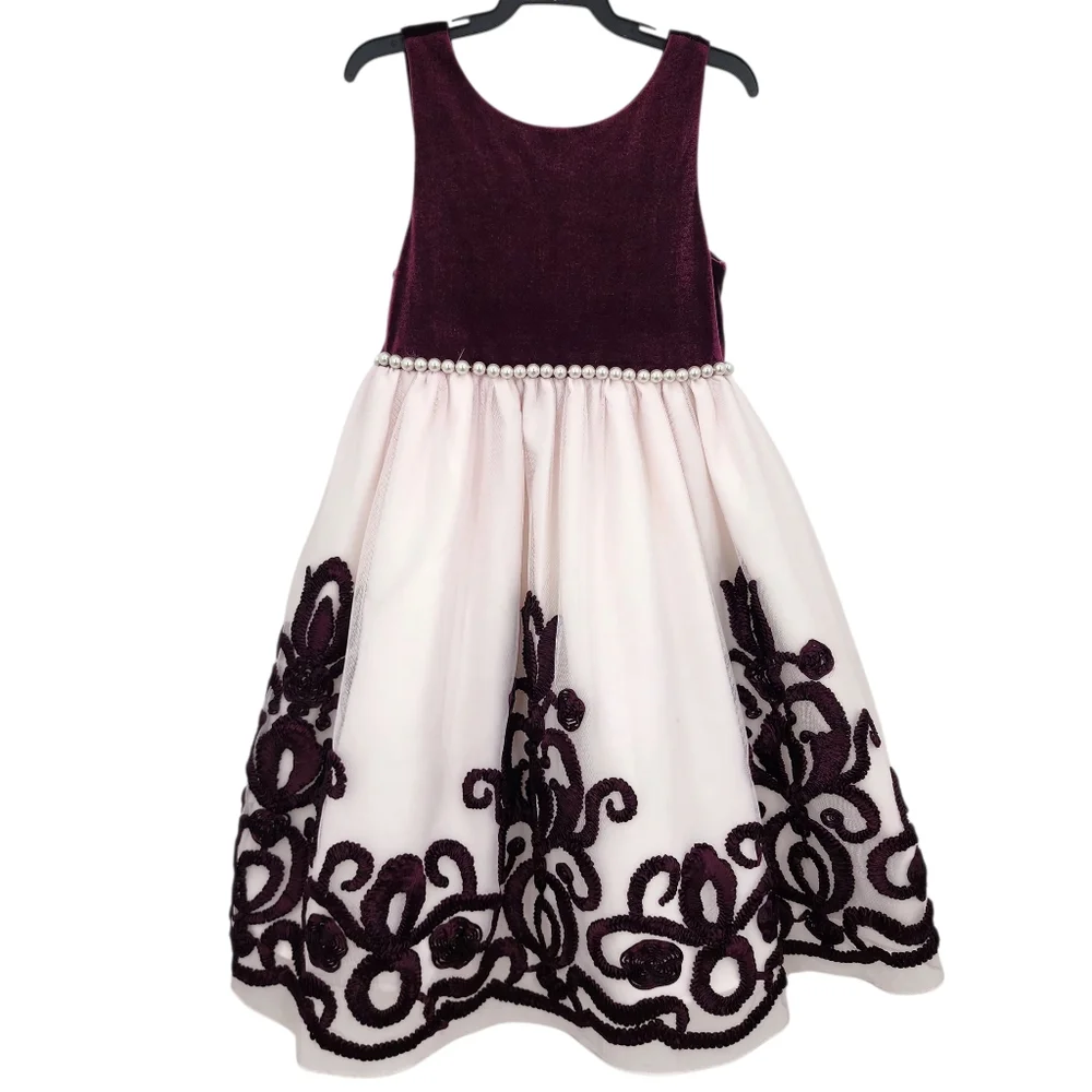 American Princess Pink Tulle Girls Dress Size 6 Burgundy Details‎ Pearl Waist
